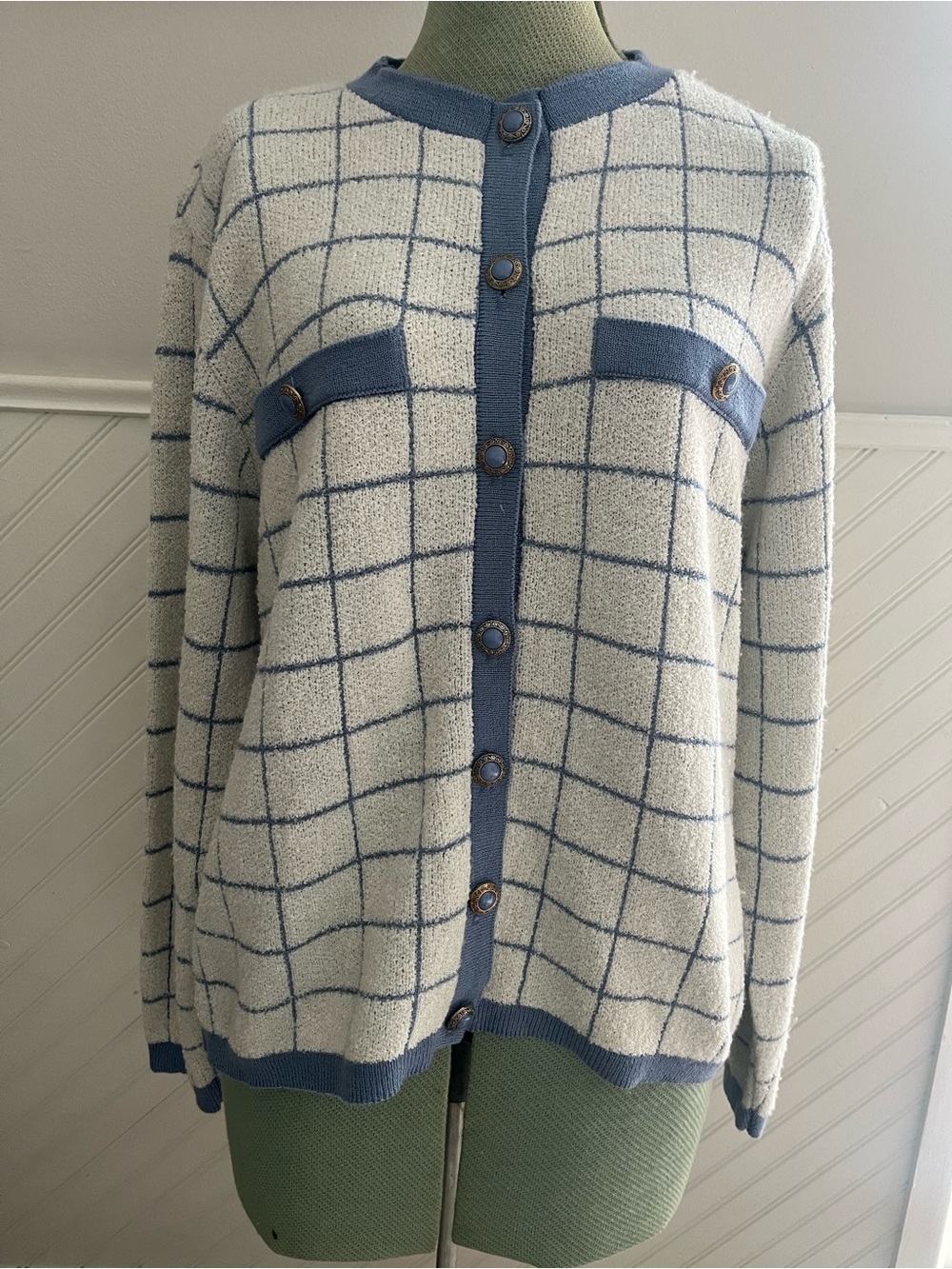 Alfred Dunner Cream Cardigan with Blue Windowpane Trim